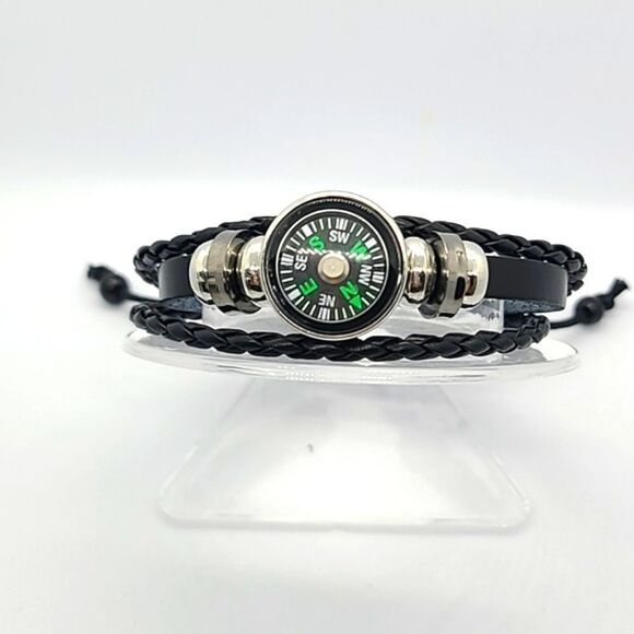 Compass Round Beaded Black Braided Faux Leather Bracelet Outdoor Wilderness New - Picture 5 of 6